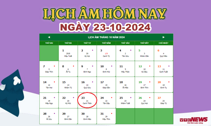 Lịch âm 23/10 - Âm lịch hôm nay 23/10 chính xác nhất - lịch vạn niên 23/10/2024